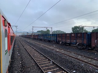 Obraz premium Transport cargo logistics train on the railway track