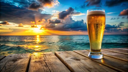 Sparkling glass of golden beer, condensation dripping, near weathered wooden table, against stunning backdrop of turquoise ocean and vibrant sunset.