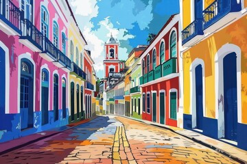 Fototapeta premium Colorful Illustration of Historic Houses in Pelourinho, Salvador