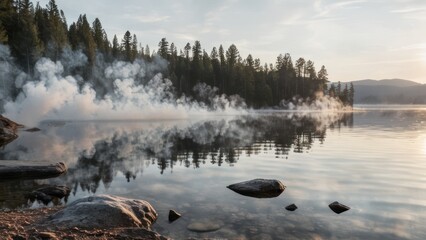  two lakes with smoke rising from them by shore,
