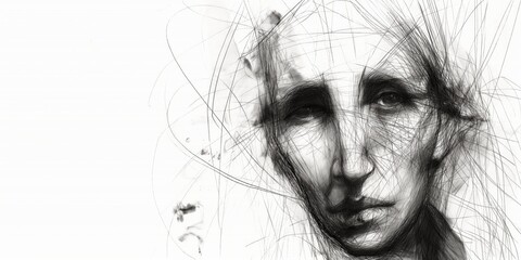 Fototapeta premium Sick bold person charcoal sketch portrait with expressive lines and dynamic shading on neutral light white background with copyspace to the left