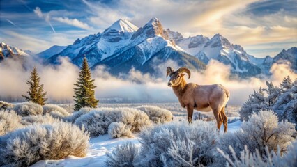 Majestic Bighorn lamb stands alone amidst snow-covered Grand Teton mountains, frosty forest, and serene winter landscape with misty atmosphere.