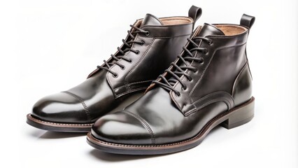 High-angle shot of a pair of sleek, black, leather, lace-up, ankle boots isolated on a clean, white, studio background.