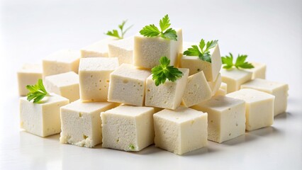 Delicately arranged cubes of creamy white tofu cheese sit atop a pristine white background, radiating simplicity and minimalist elegance.