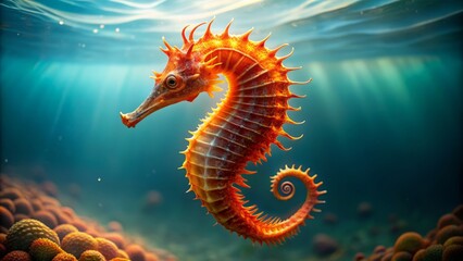 Fototapeta premium Vibrant orange seahorse with intricate details and delicate fins swimming alone on a transparent isolated background with subtle ocean texture.