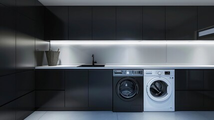 A sleek modern laundry room featuring high-tech appliances set against crisp white walls,  