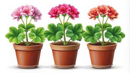 Vibrant vector illustration of geranium flower in pot showcasing growth stages from seedling to bloom for gardening and design inspiration.