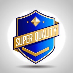 Blue and Gold Super Quality Shield with Diamond and Star Icons for Premium Products and High-Standard Services
