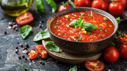 A bowl of tomato soup with basil and tomatoes on a table