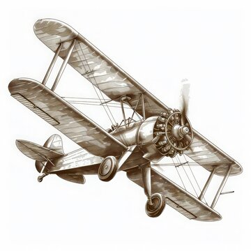 recommend clip art: Vintage airplane sketch depicting a classic biplane with detailed propeller and wing structure in sepia tones.