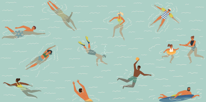 Diverse people cartoon characters swimming in water scene
