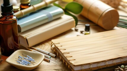 A tranquil spa-like medical office with holistic supplies like essential oils and acupuncture needles, placed beside a bamboo-covered notebook on a natural wood desk.