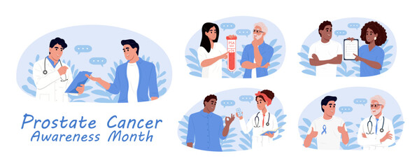 Prostate Cancer awareness month. Prostate symptoms, diagnosis and treatment. A doctor is talking to a patient.