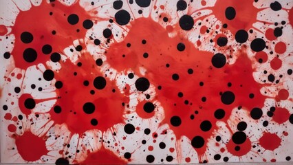 a red painting with black spots on it