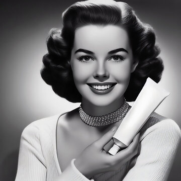portrait of 1950s female model advertising a tube of cream, or toothpaste with blank copy space for logo brand	