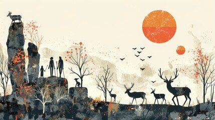 Naklejka premium Minimalist Flat Illustration of Neolithic Family Hunting