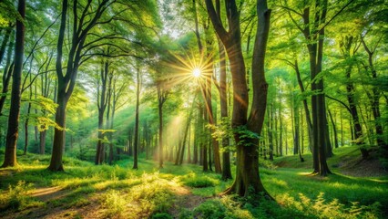 Obraz premium Serene forest landscape with sun-dappled trees and lush green foliage, evoking feelings of freedom and joy in a natural setting.