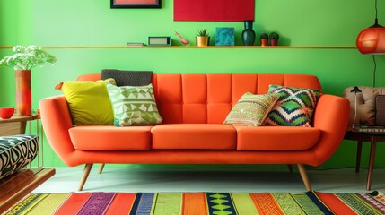 A vibrant living room with a tangerine sofa set against lime green walls, filled with multi-colored cushions and mid-century modern furniture, reflecting a retro yet contemporary feel.