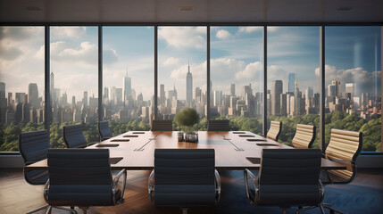 Fototapeta premium Modern office interior with spacious layout, featuring a sleek design with a glass window, stylish furniture, and a view of the city