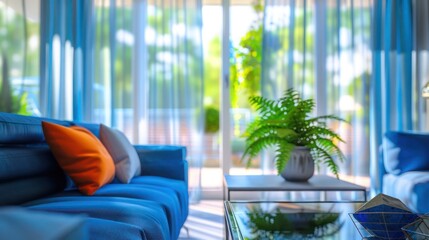 A vibrant living room with electric blue accents and contemporary furniture, the blurred background showing a large bay window with sheer curtains and a potted fern.