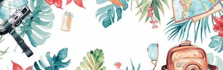 Naklejka premium Explore the World Travel Accessories Watercolor Pattern