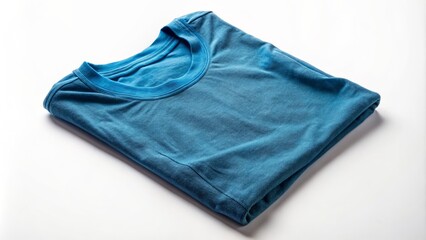 Folded and creased blue t shirt lies isolated on a plain white background with subtle shadows and natural folds.