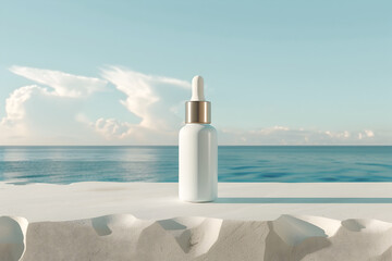 Minimalist beauty serum bottle on a white background with a serene ocean view. Perfect for skincare and beauty product promotions.