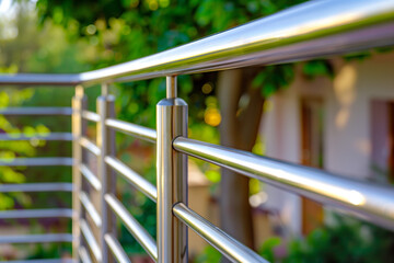 Closeup of a new stainless steel handrail on the balcony.