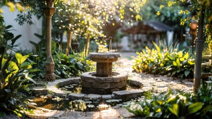  small well in the garden with water,