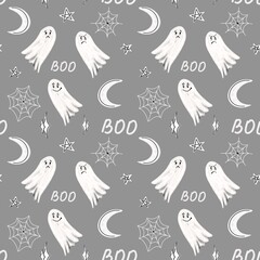 A repeating white Halloween-themed pattern featuring ghosts, spiderwebs, the moon, and stars on a dark background. Perfect for festive designs and seasonal projects.