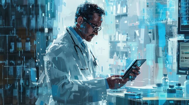 A doctor using an electronic device, in the style of computer-aided manufacturing, data visualization, light sky-blue and gray, impressionistic surfaces, illustration background