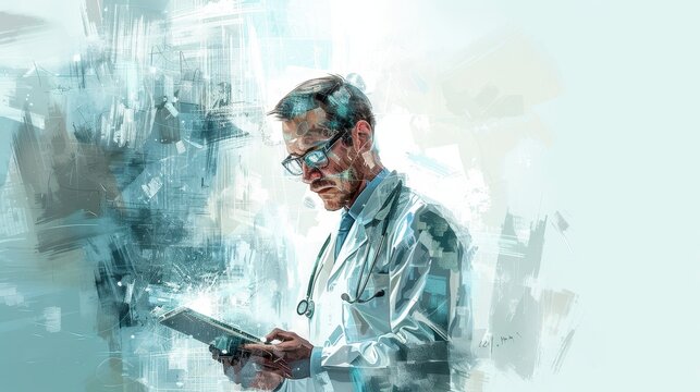 A doctor using an electronic device, in the style of computer-aided manufacturing, data visualization, light sky-blue and gray, impressionistic surfaces, illustration background