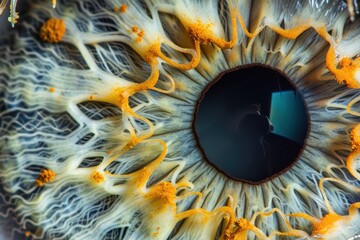A detailed close-up of a human eye, showcasing intricate patterns and vibrant colors, capturing the beauty of the iris and pupil.