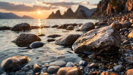 a body of water with rocks in the foreground
