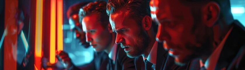 Two men with red light illuminating their faces, standing close together.