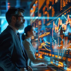 Obraz premium Two professionals in a modern control room, analyzing data on digital screens. The image depicts teamwork, technology, and data analysis.