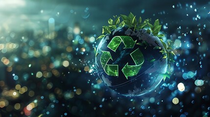 Earth in the center with city lights, ecology elements like recycling symbols and water droplets. Style Artistic. Colors Green and Blue.