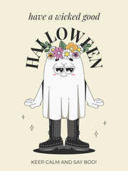 Retro groovy poster with a cute ghost wearing a floral wreath. Halloween cartoon character. Vector illustration. Happy Halloween postcard