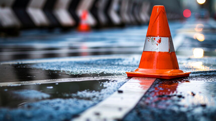 Close-up of bright cone standing on wet asphalt road. Prevention of poor quality construction. Traffic cone blocks road, blocking access through a construction site. Concept of construction, safety.