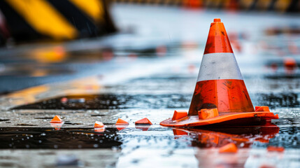 Close-up of bright cone standing on wet asphalt road. Prevention of poor quality construction. Traffic cone blocks road, blocking access through a construction site. Concept of construction, safety.