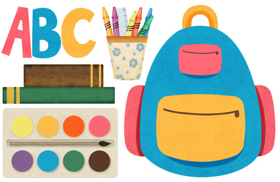 colorful school supplies: backpack, abc, crayons, books clip art preview