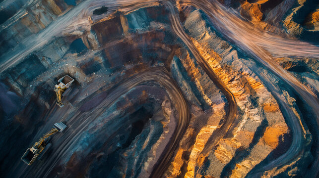 An open pit mine. Gold, diamond, silver, minerals, or copper mine concept. Top view.	