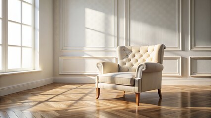 Elegantly upholstered cream-colored armchair sits solitary on polished wooden floor in a spacious, sun-drenched, utterly white interior space.