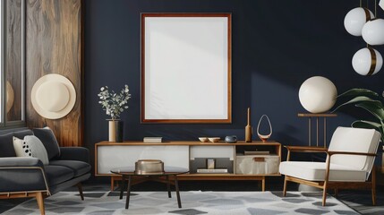 An artistic living room design with a poster frame mockup on a wall painted in deep navy blue, complemented by mid-century modern furniture in neutral tones and abstract art pieces.