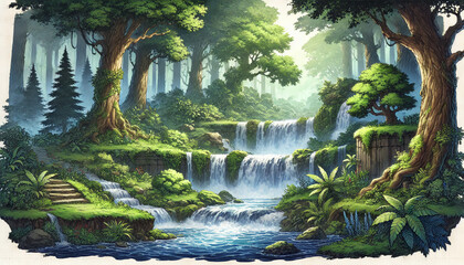 Fototapeta premium RPG Background of Forest with Waterfall