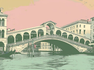 Risograph riso print travel poster, card, wallpaper or banner illustration, modern, isolated, clear and simple of Rialto Bridge, Venice, Italy. Artistic, screen printing, stencil backdrop background