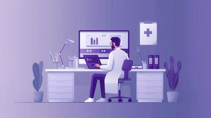 Modern telehealth setup with a doctor using a laptop, clean and professional, illustration background