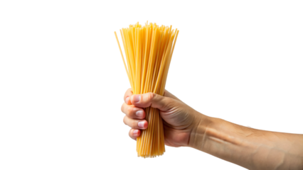 A close-up of a hand holding dry yellow spaghetti, a key ingredient in Italian cuisine