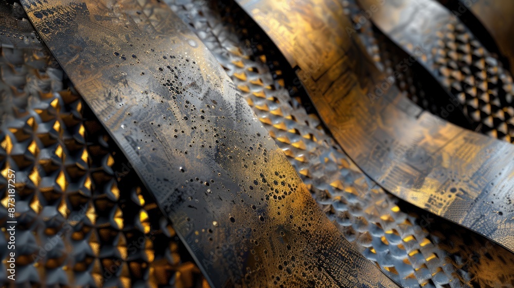 Poster an abstract background with metallic textures and geometric patterns.