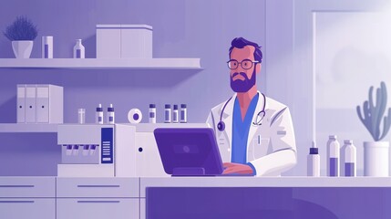 Modern telehealth setup with a doctor using a laptop, clean and professional, illustration background